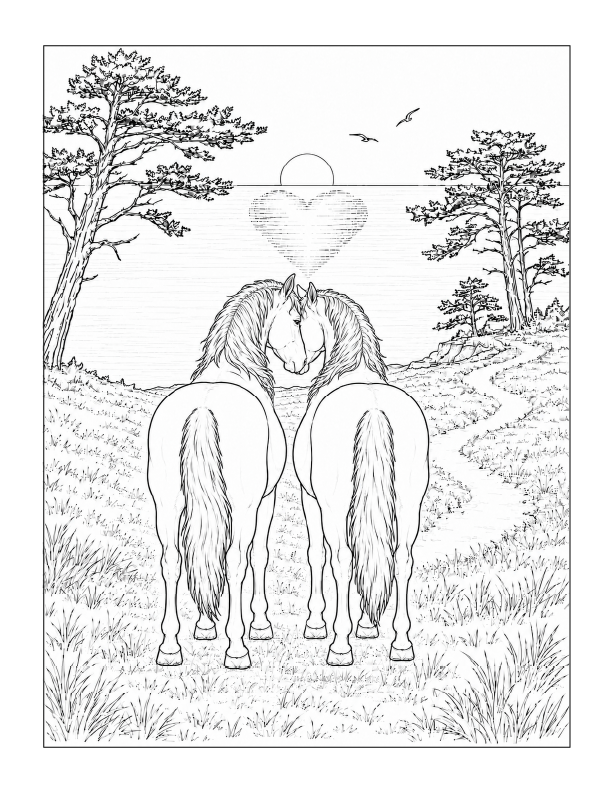 Free printable horses by the sea Valentine’s Day coloring page
